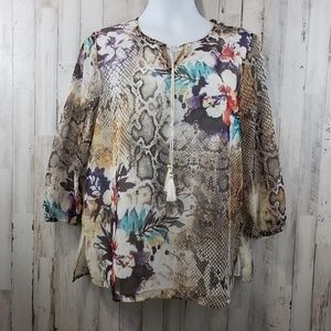 5/$25 Alfred Dunner Top 8 Cream Snake Skin Floral Tie Neck Tassel 3/4 Sleeve V14